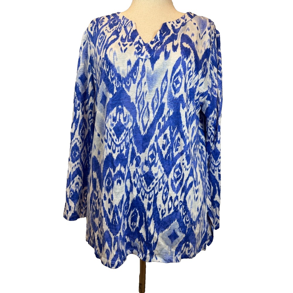 NWT Chico's 100% Linen Ikat Knit Top 3 XL Amparo Blue Split Neck Coastal